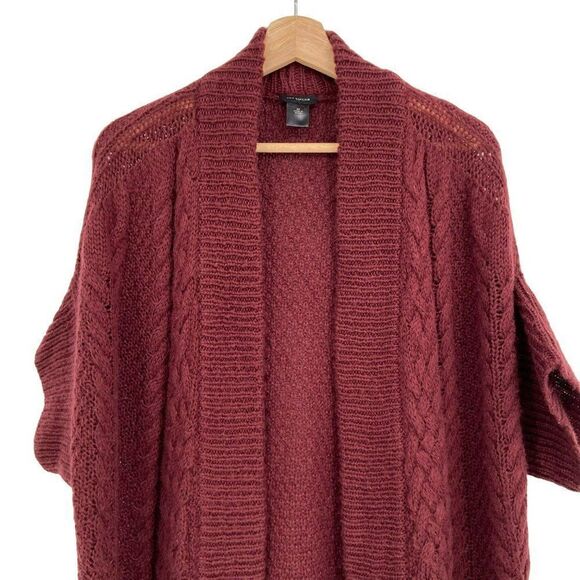 Ann Taylor Wool Blend Short Sleeve Cable Knit Cardigan Burgundy Medium - Picture 3 of 8
